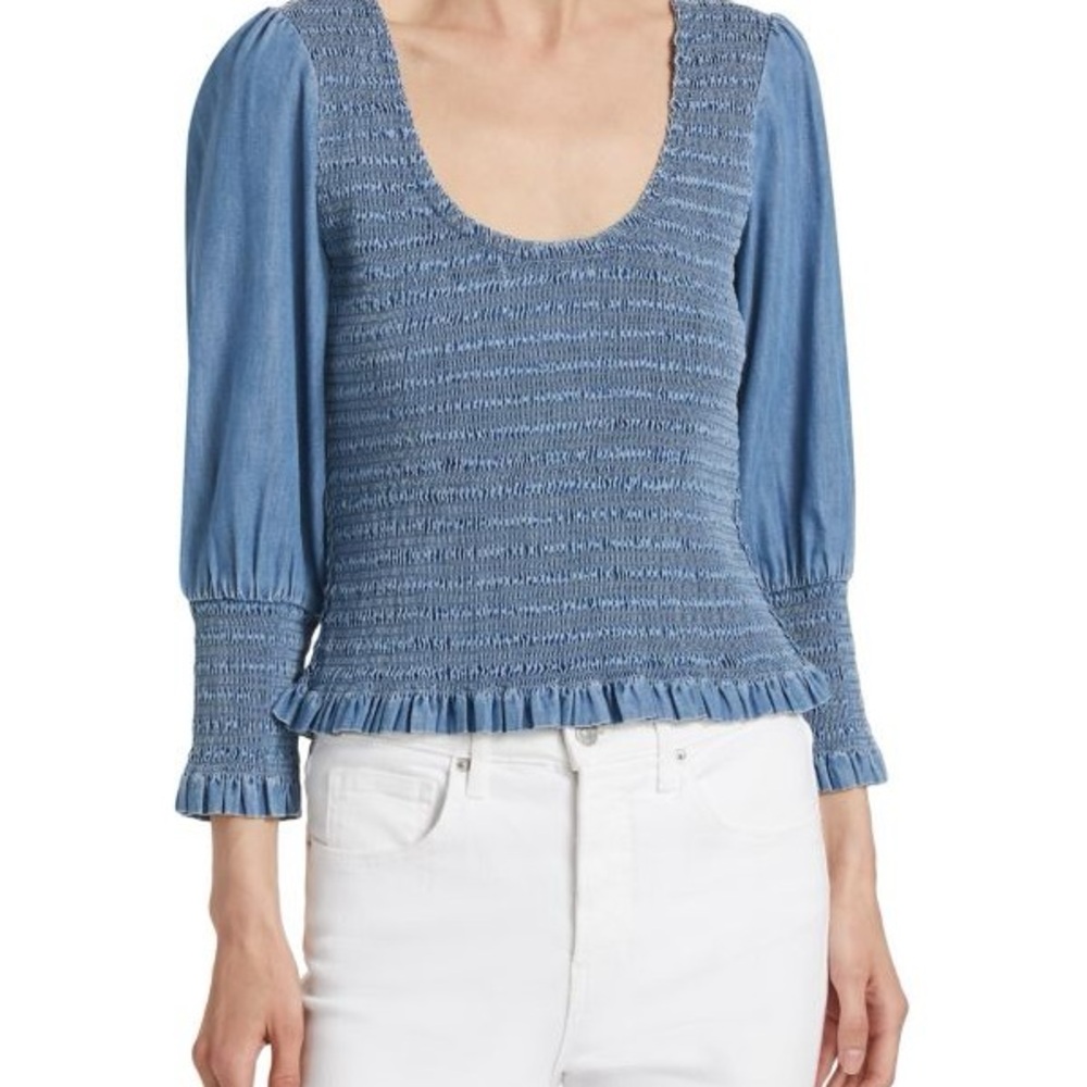 Veronica Beard Blue Smocked Blouse